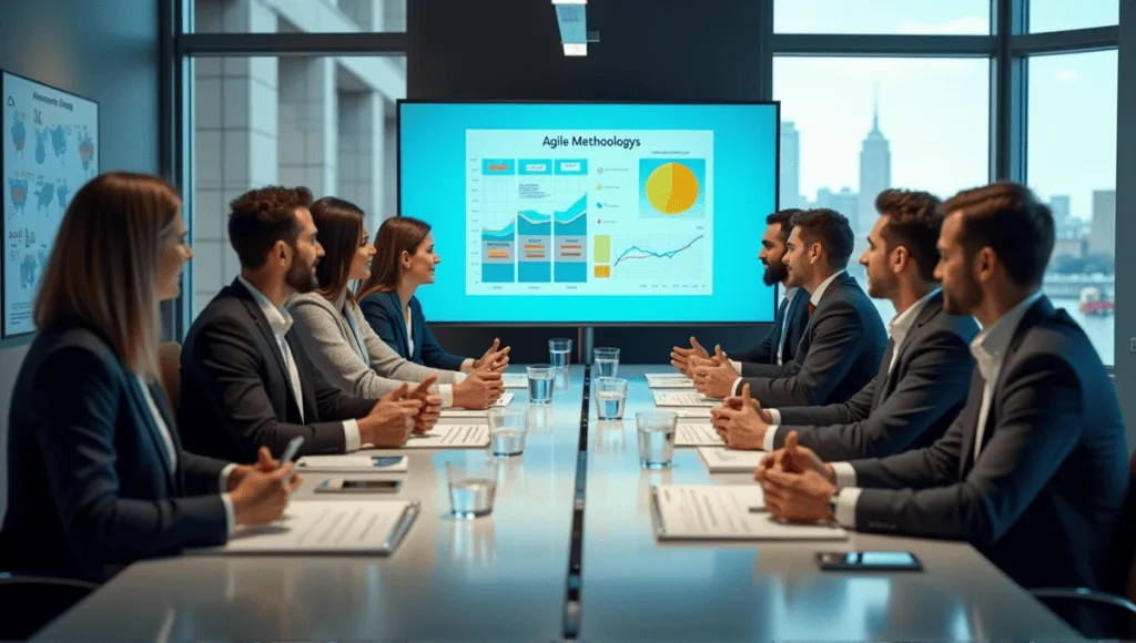 Team of professionals collaborating around a conference table, discussing Agile methodologies with charts and displays.