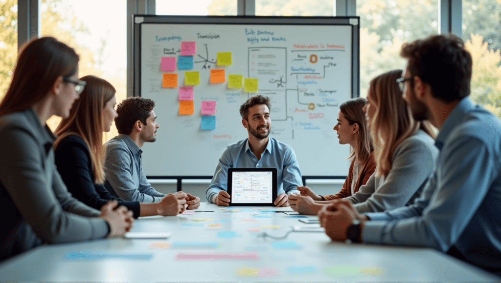 Team of professionals collaborating on an Agile transition strategy in a modern office.